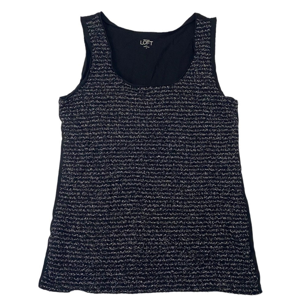 Ann Taylor LOFT Black Silver Metallic Knit Tinsel Striped Blouse Tank Top Sz S